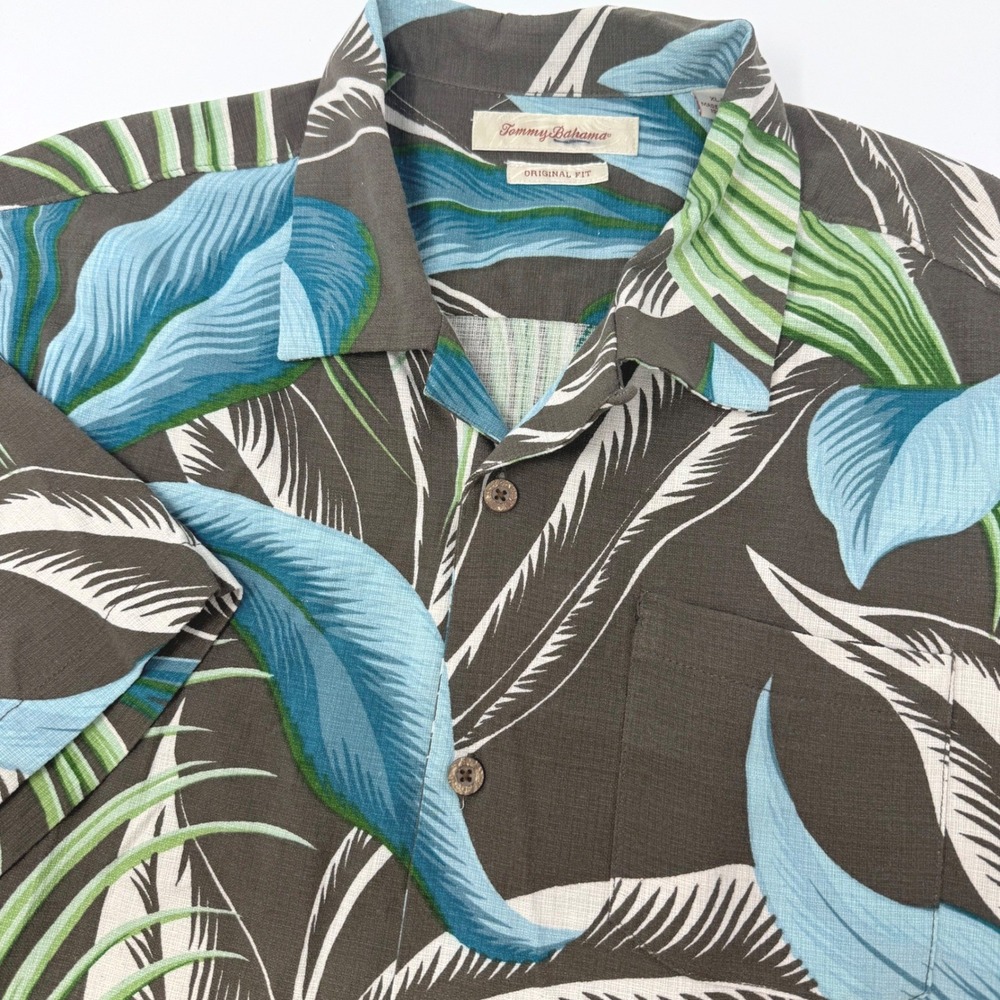 Tommy Bahama Mens XL Original Fit Silk Tropical Palm Leaf Camp Shirt Brown Blue